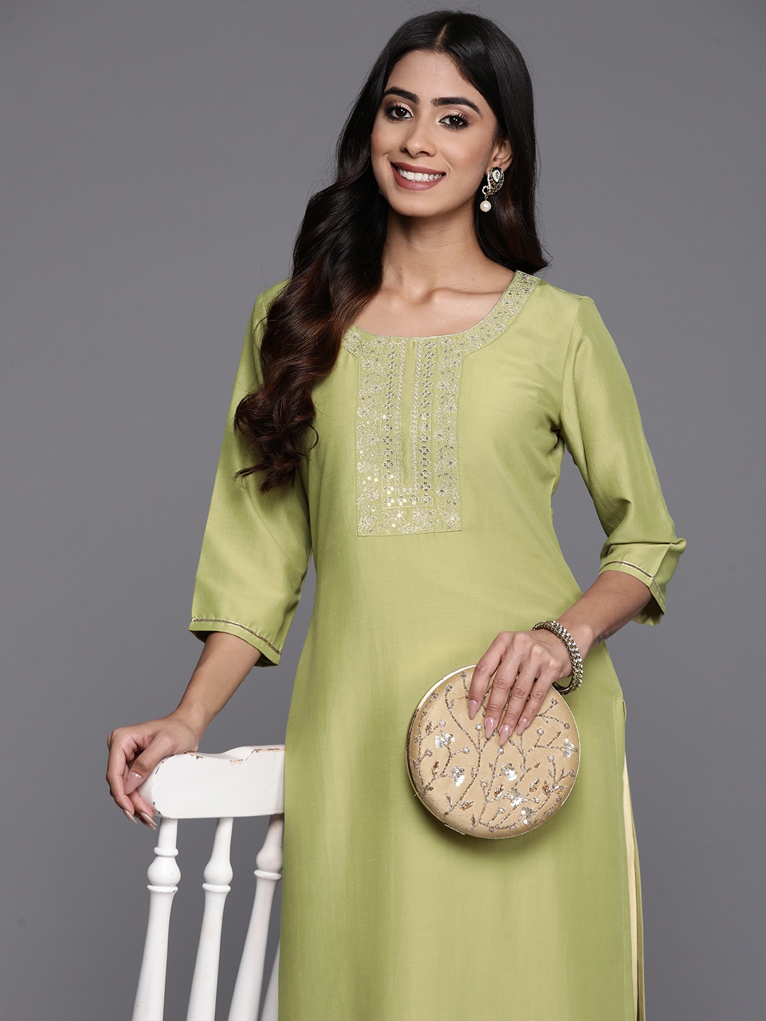 

Libas Yoke Design Sequinned Pastel Kurta, Green