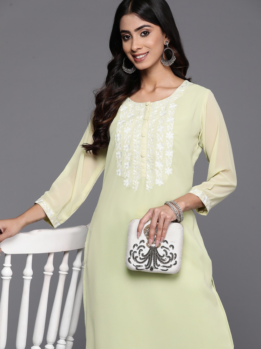

Libas Floral Embroidered Thread Work Pastel Pure Georgette Kurta, Green