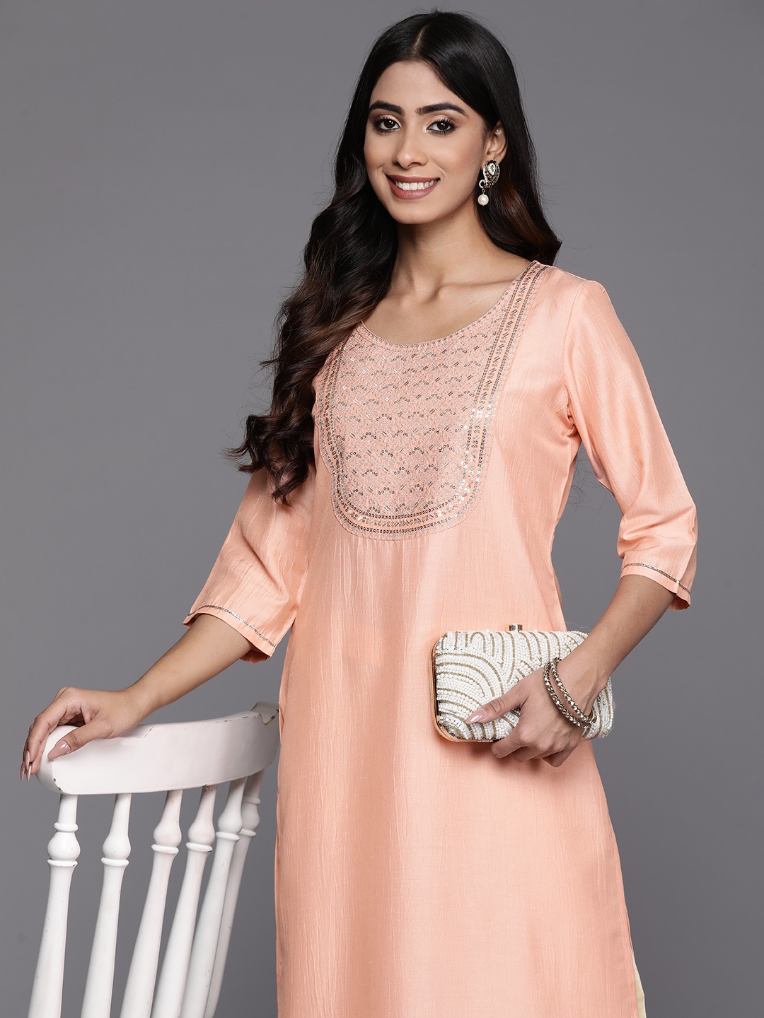 

Libas Yoke Design Sequinned Pastels Kurta, Peach