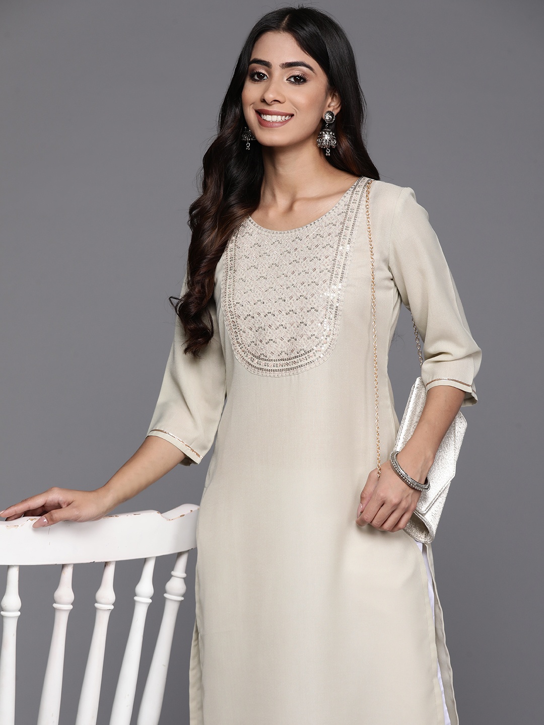 

Libas Yoke Design Sequinned Pastel Kurta, Grey