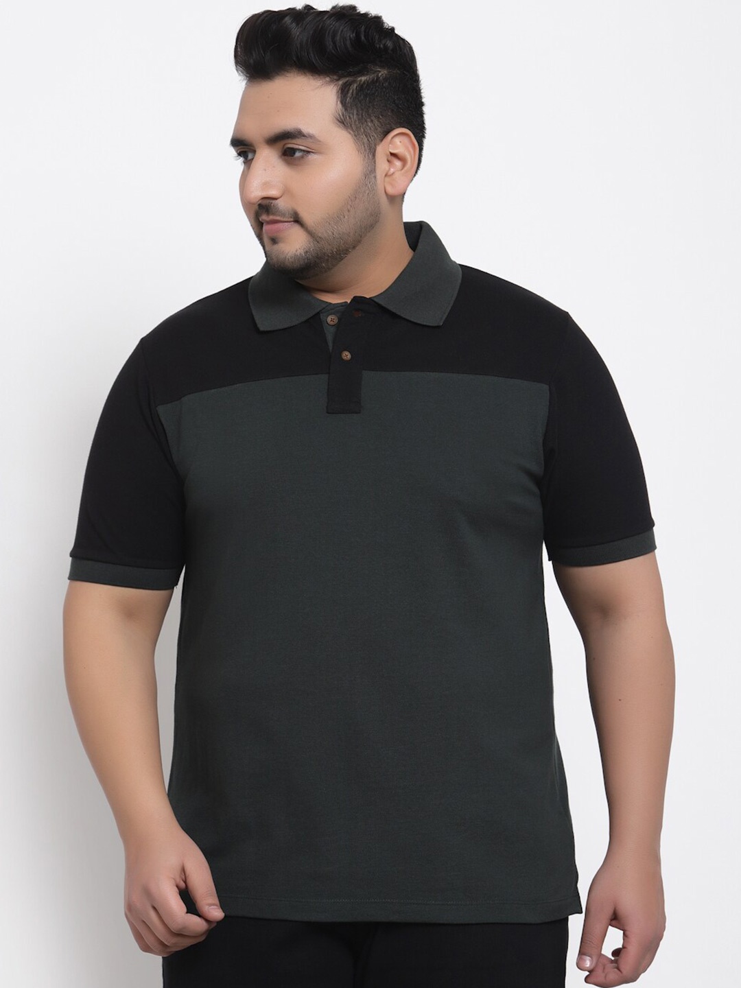 

Kalt Plus Size Colourblocked Polo Collar T-shirt, Olive