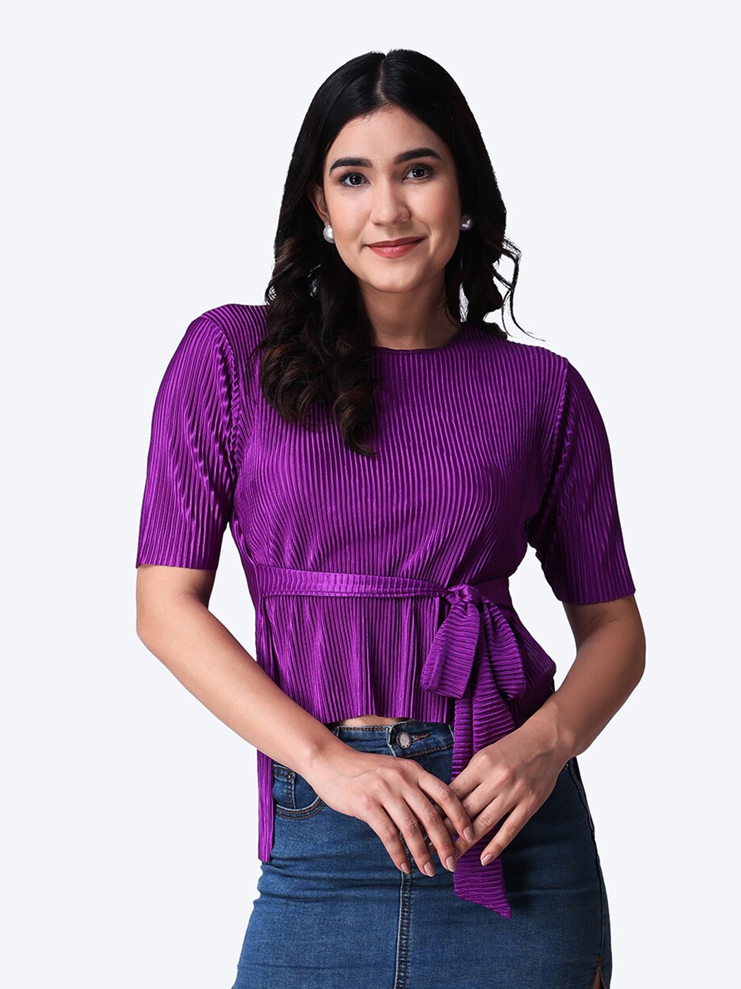 

Popwings Self Design Empire Wrinkle Belt Top, Purple