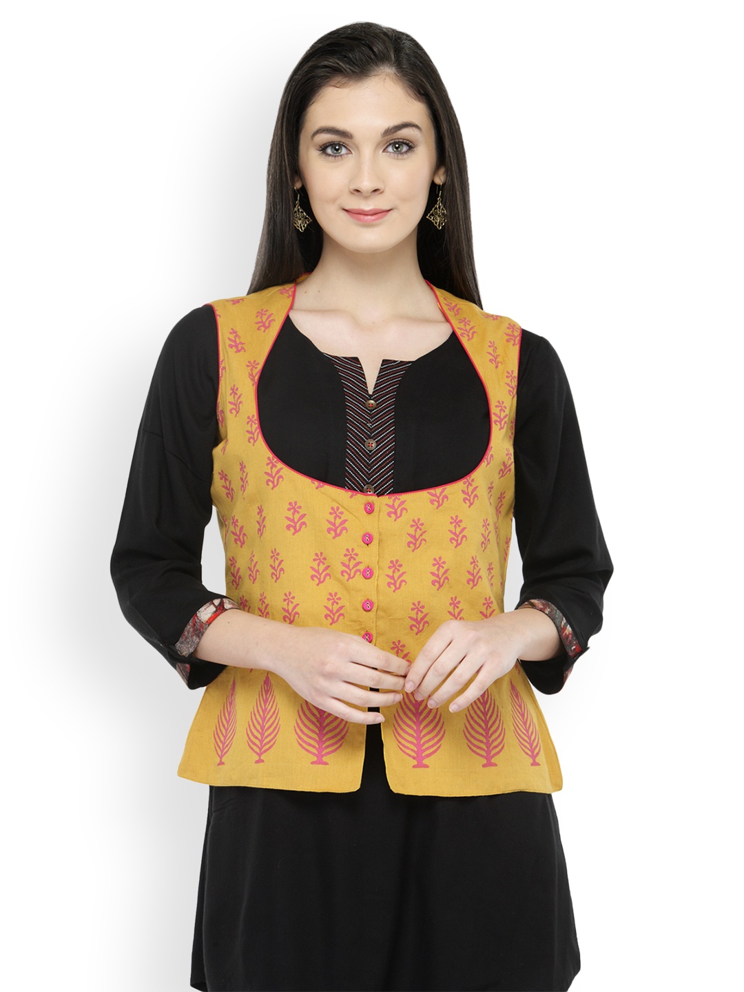 

Bitterlime Mustard Yellow Block Print Waistcoat
