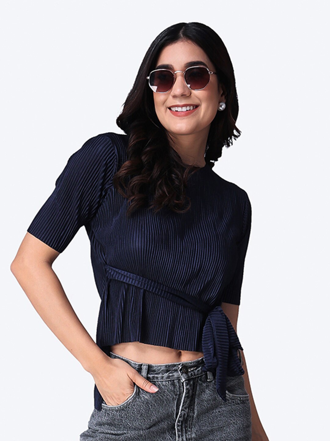 

Popwings Wrinkle Waist Tie-Ups Top, Navy blue