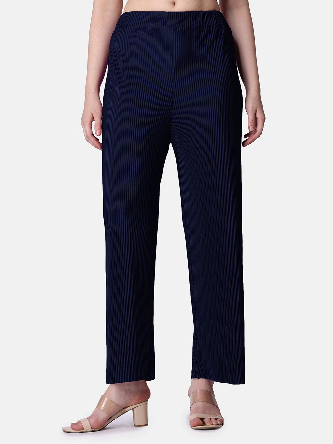 

Popwings Women Relaxed Straight Leg High-Rise Wrinkle Free Trousers, Navy blue