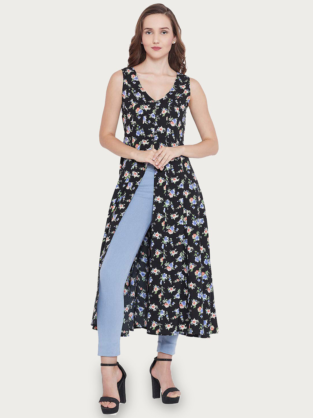 

CHILL WINSTON Floral Printed A-Line High Slit Kurta, Black