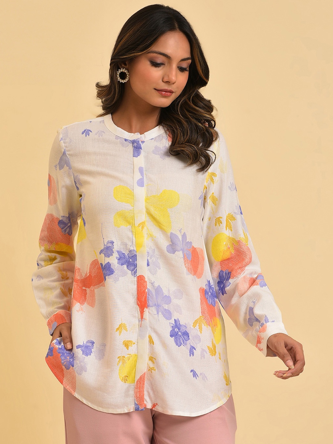 

W White & yellow Floral Printed Mandarin Collar Casual Shirt