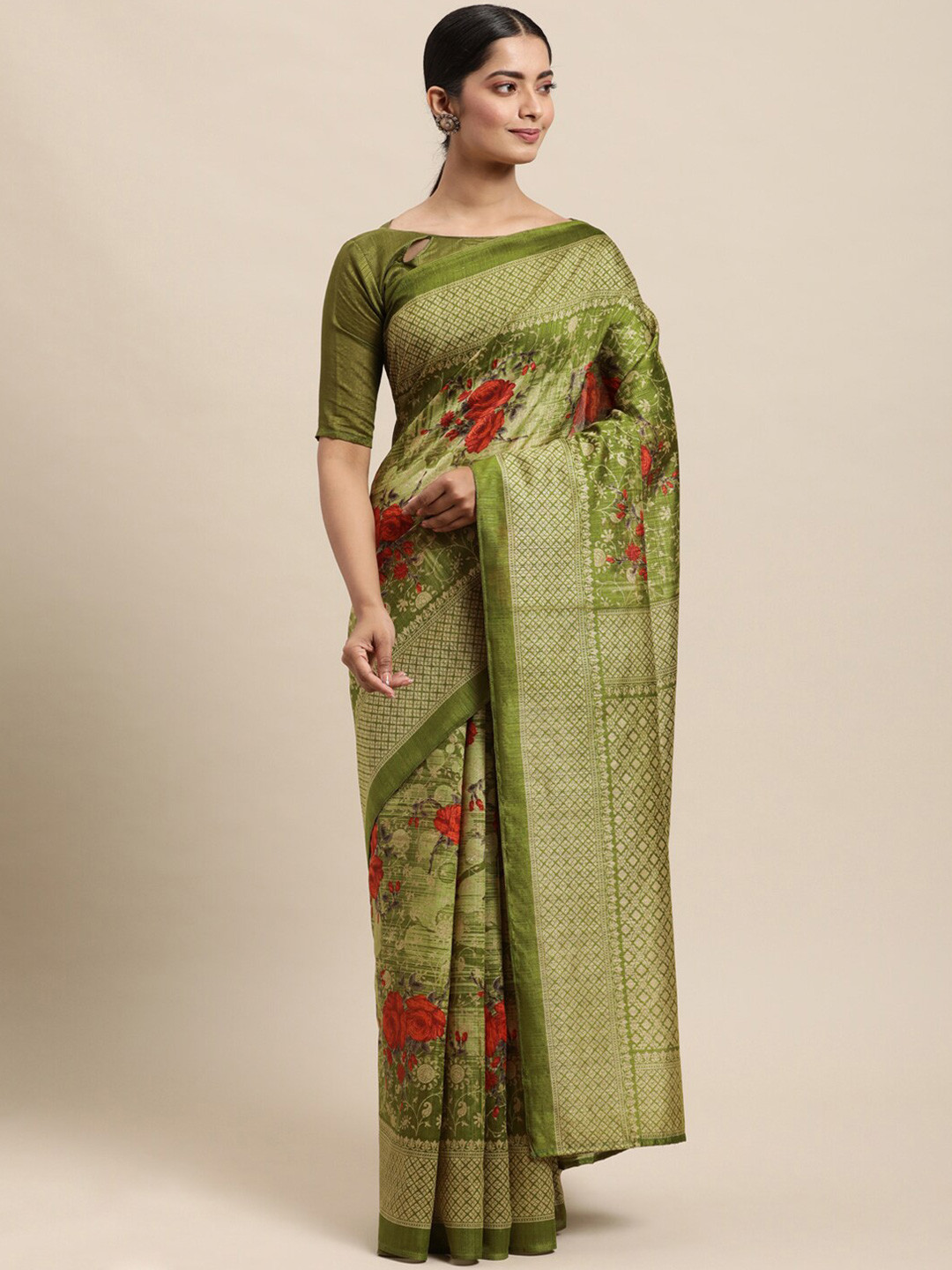 

Shaily Green & Pink Floral Printed Zari Saree