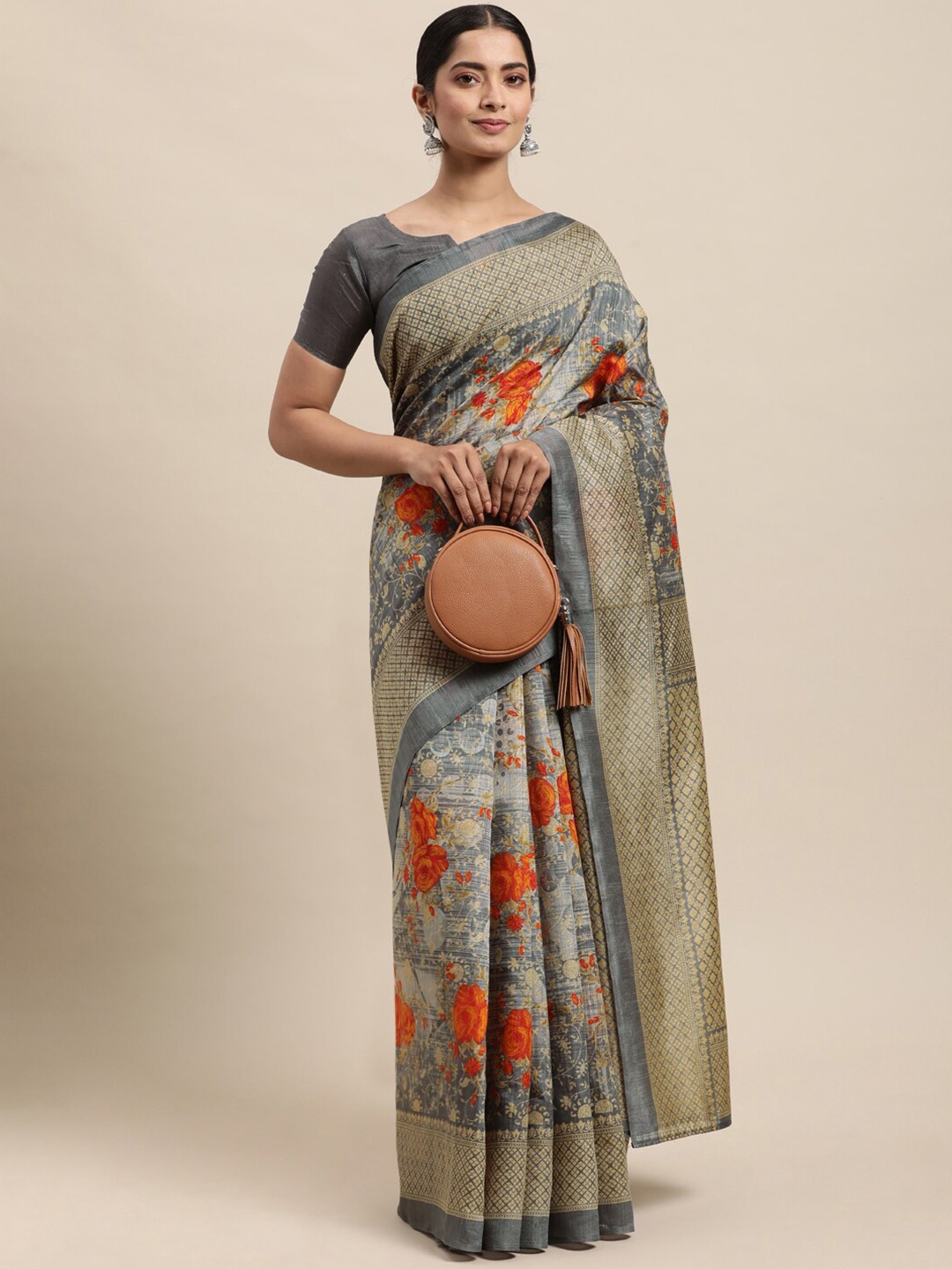 

Shaily Floral Printed Zari Saree, Grey