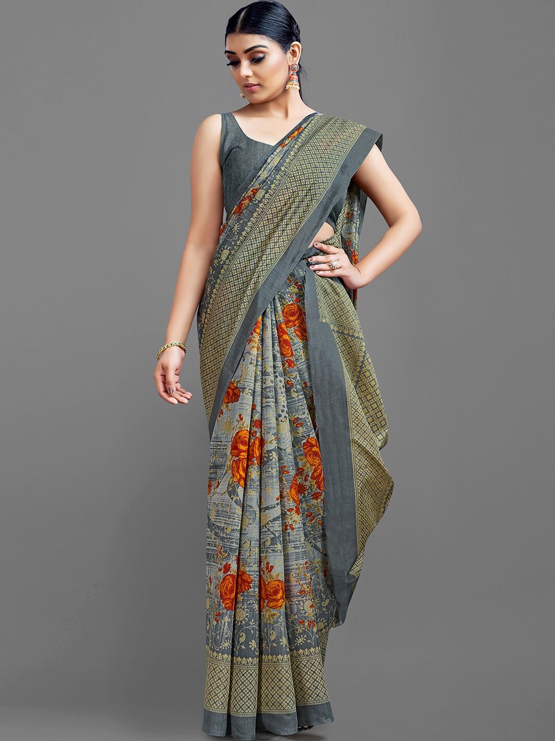 

Shaily Grey & Orange Floral Printed Zari Saree
