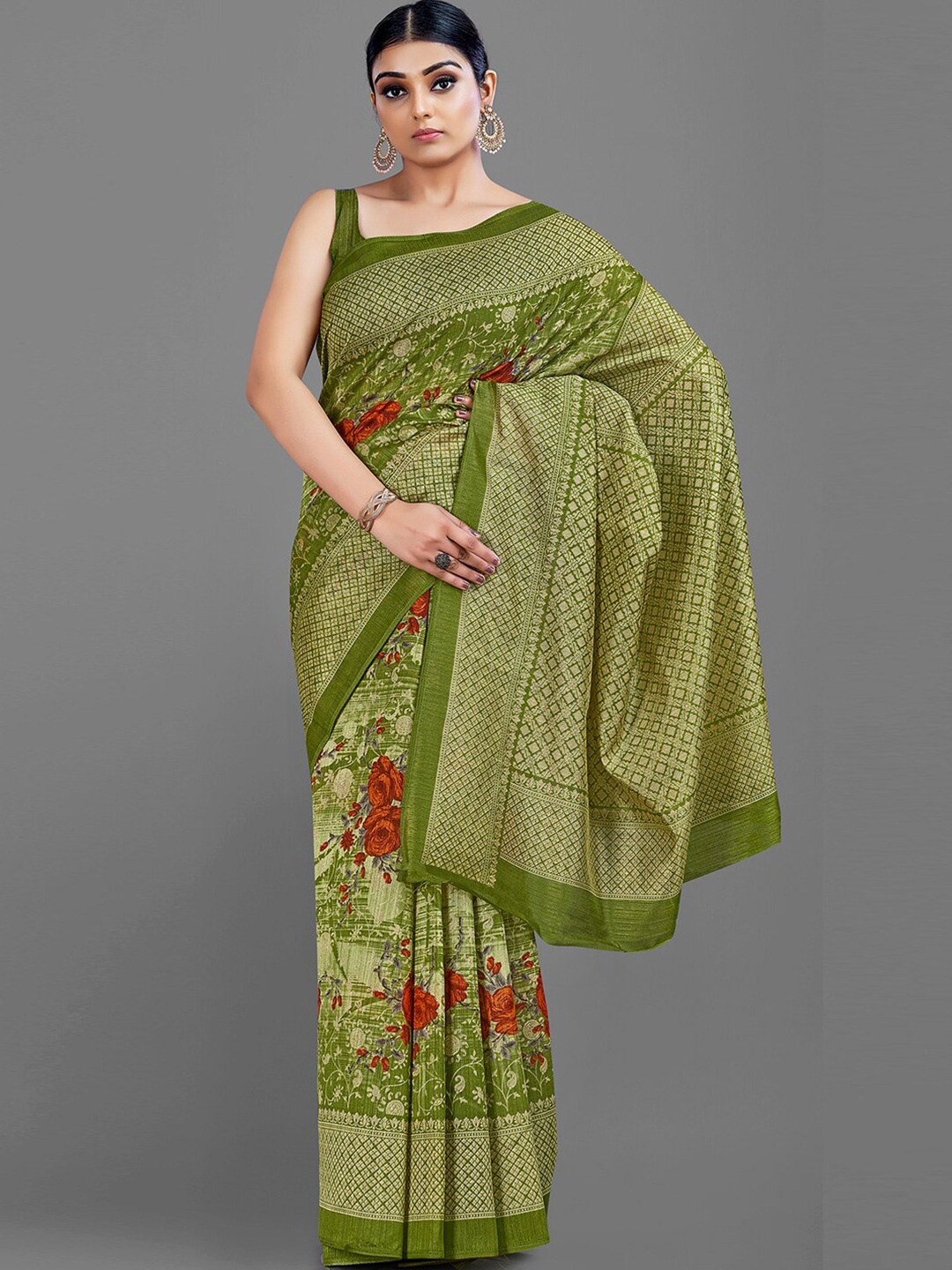 

Shaily Green & Red Floral Printed Zari Saree