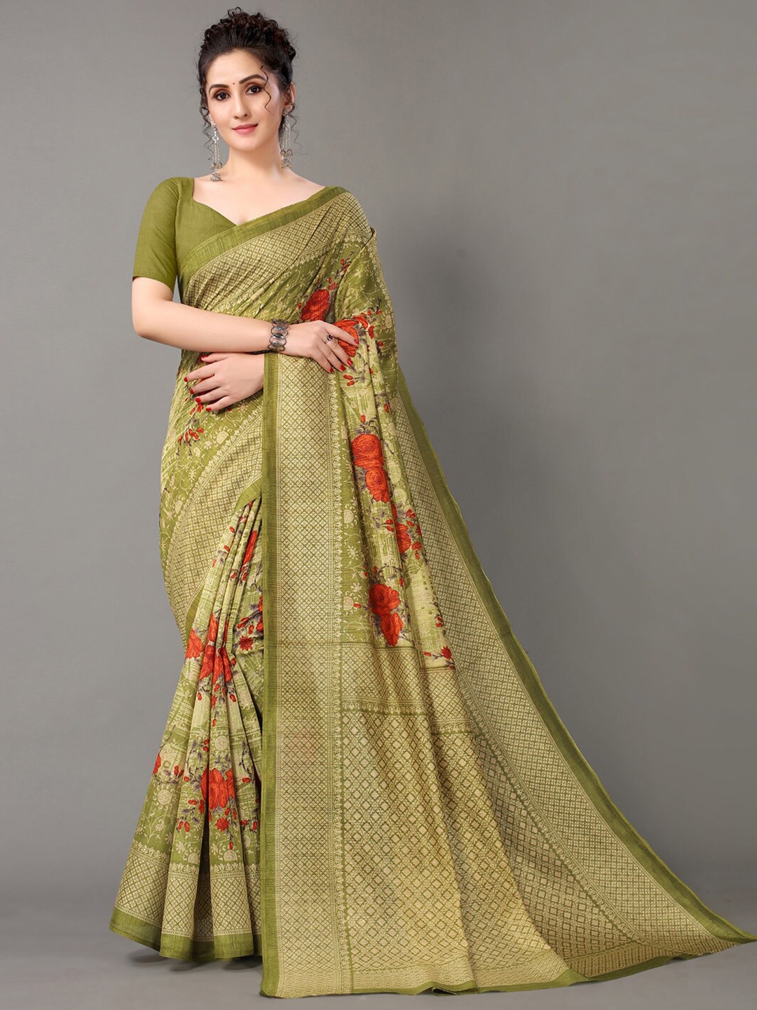 

Shaily Floral Printed Zari Saree, Olive