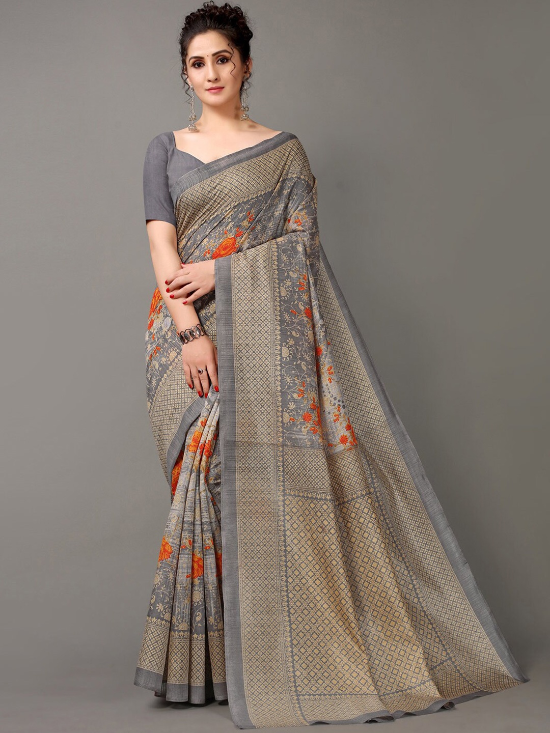 

Shaily Grey & Orange Floral Printed Zari Saree