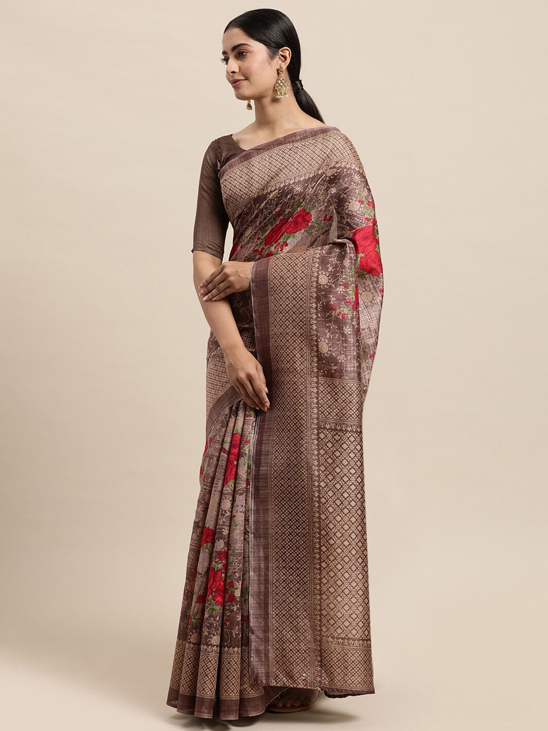 

Shaily Floral Printed Zari Saree, Brown