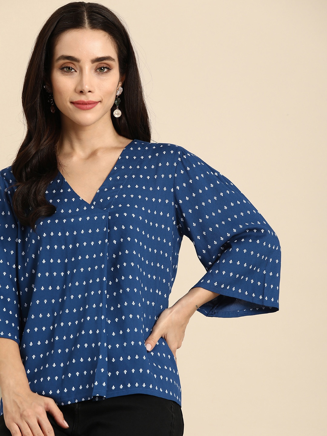 

Anouk Ethnic Motifs Printed Pleated Detail A-Line Top, Navy blue