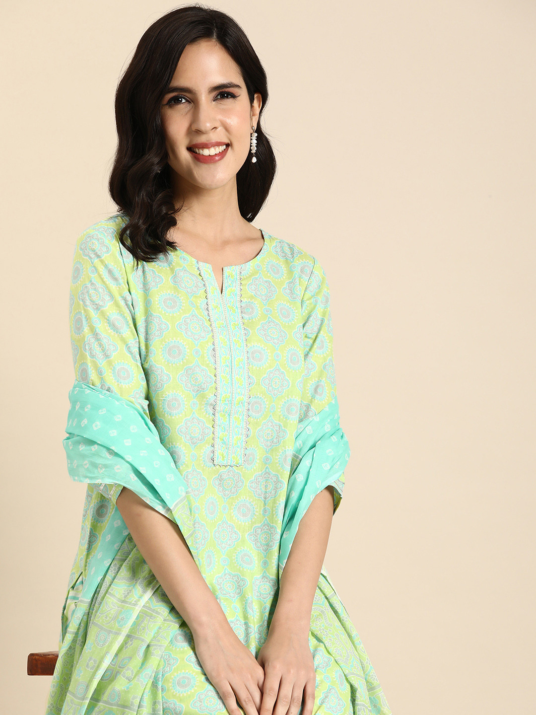 

Anouk Women Ethnic Motifs Printed Regular Gotta Patti Cotton Kurta with Trousers & Dupatta, Green