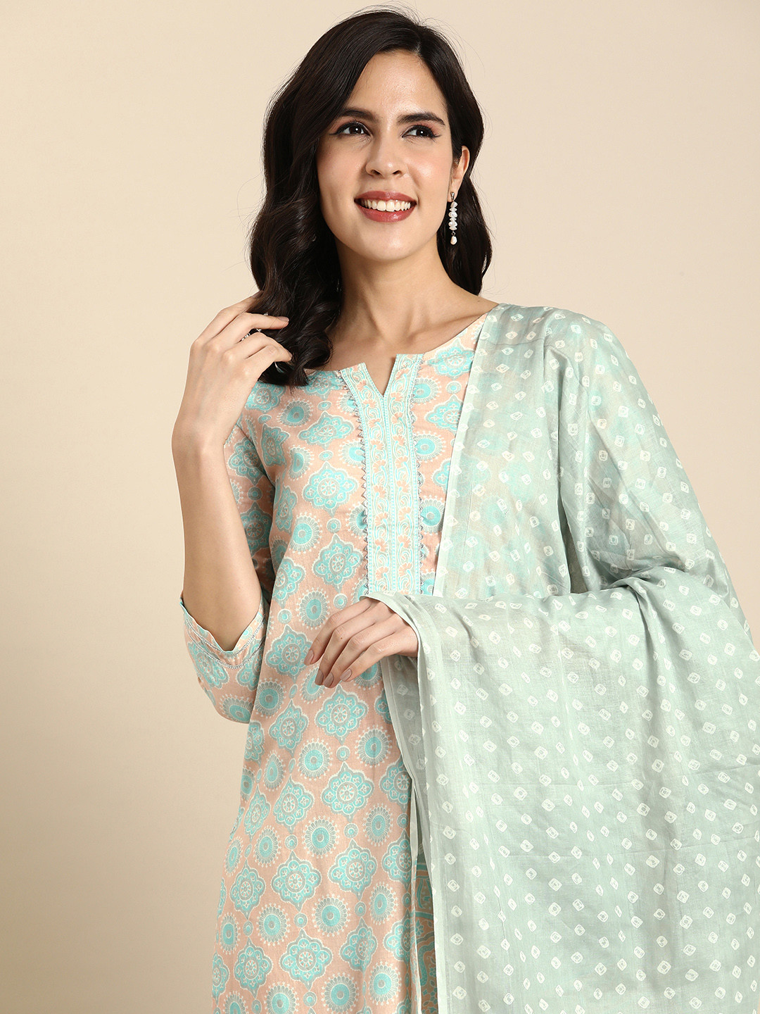 

Anouk Women Ethnic Motifs Printed Regular Gotta Patti Cotton Kurta with Trousers & Dupatta, Peach