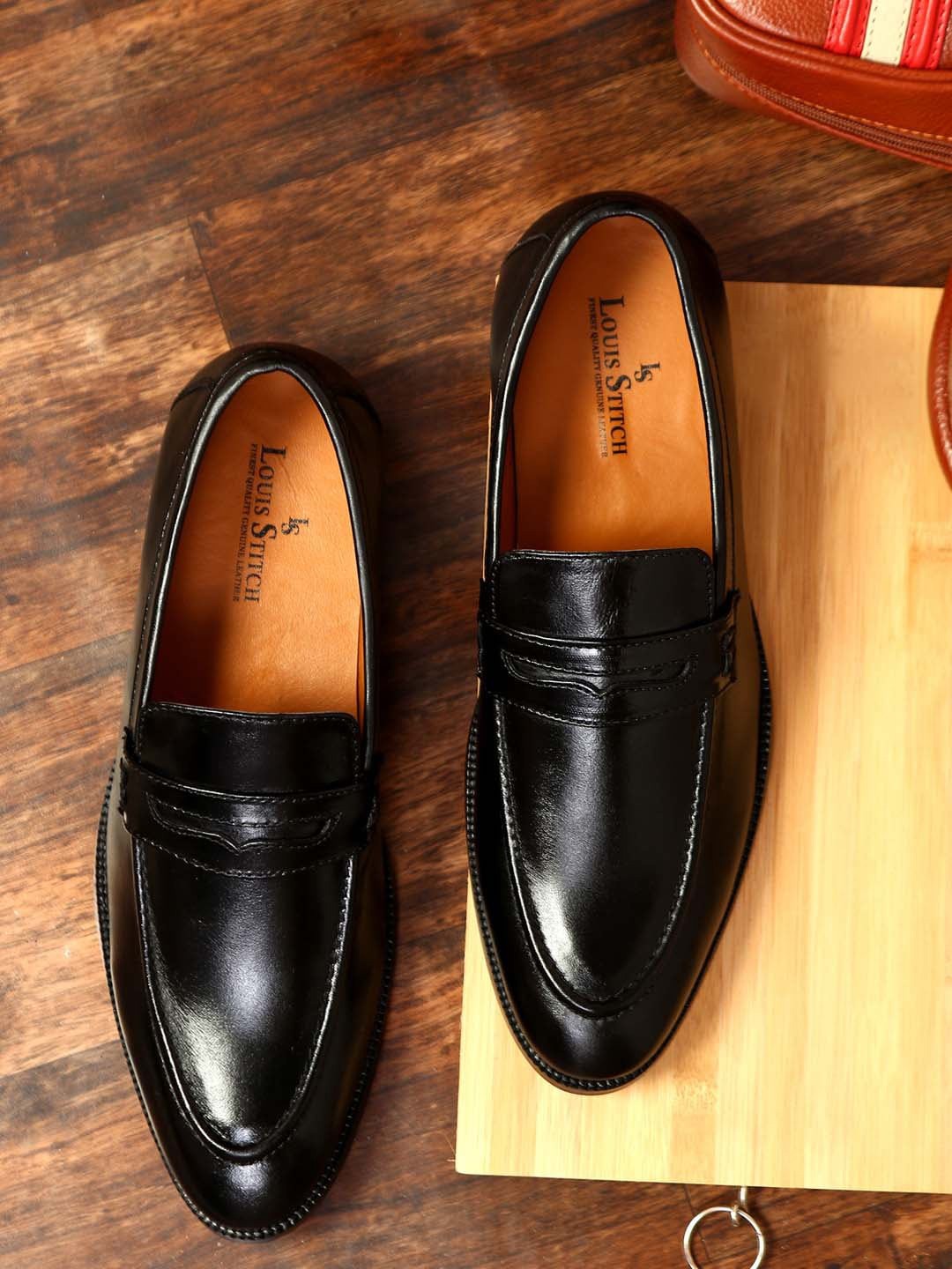 

LOUIS STITCH Men Italian Leather Formal Penny Loafers, Black