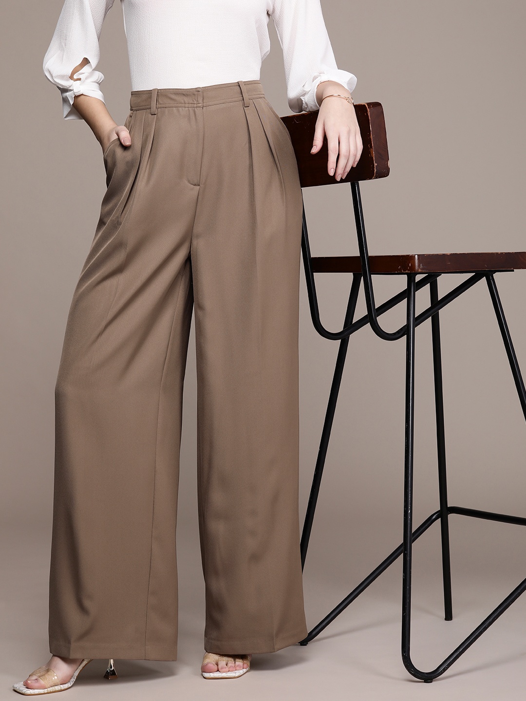 

French Connection Women High-Rise Pleated Trousers, Brown