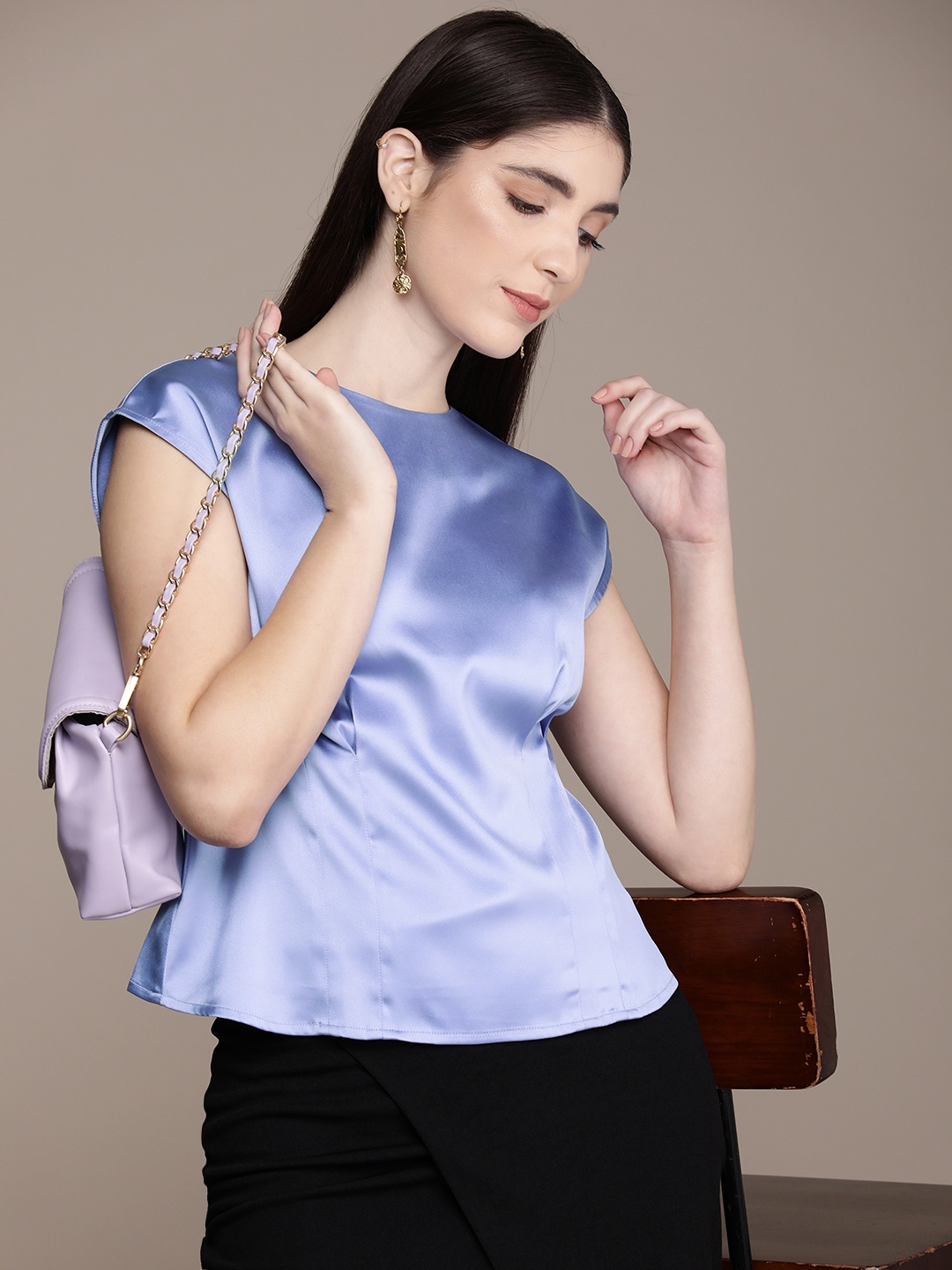 

French Connection Round Neck Pleated Detail Extended Sleeves Satin Top, Blue