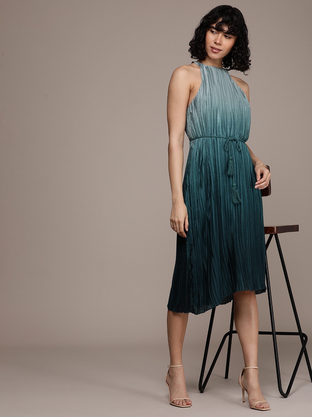 

French Connection Ombre Halter Neck Accordion Pleats A-Line Dress, Teal