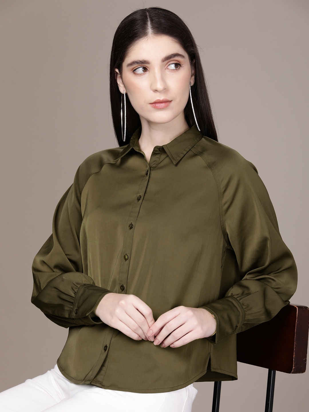 

French Connection Satin Finish Casual Shirt, Olive