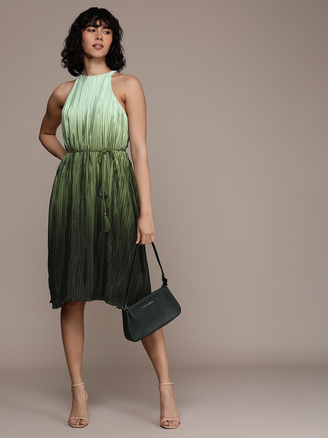 

French Connection Ombre Halter Neck Accordion Pleats A-Line Dress, Green