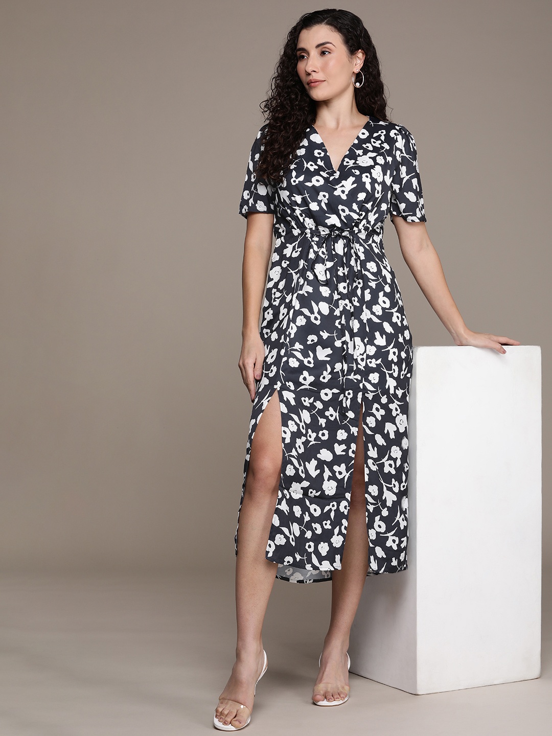 

French Connection Floral Printed A-Line Midi Dress, Navy blue