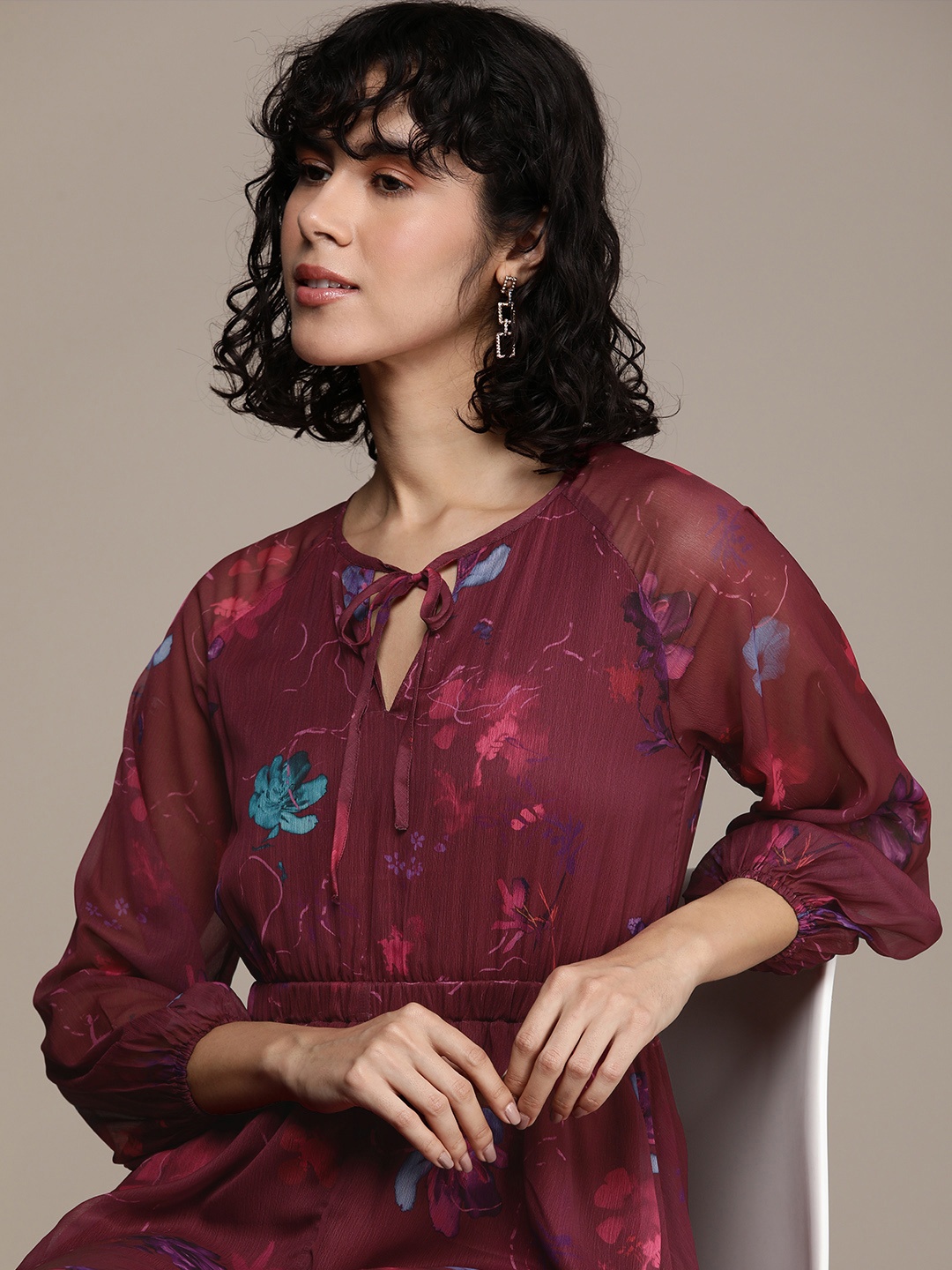 

French Connection Floral Print Keyhole Neck Fit & Flare Dress, Magenta