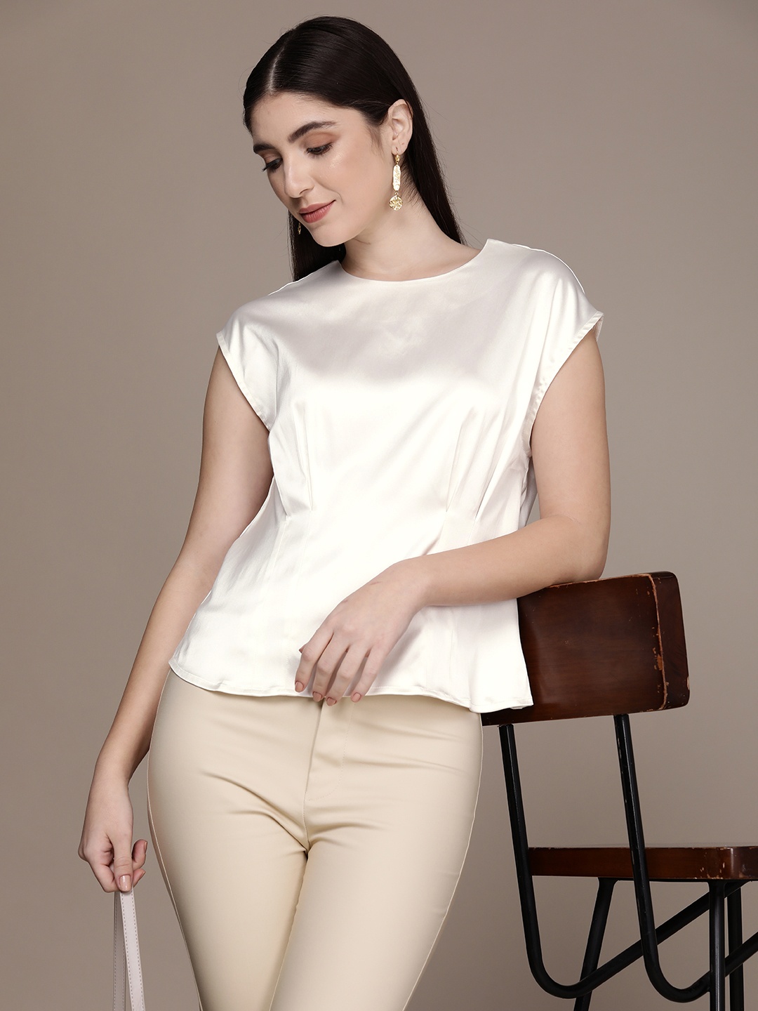 French Connection Round Neck Pleated Detail Extended Sleeves Satin Top, White