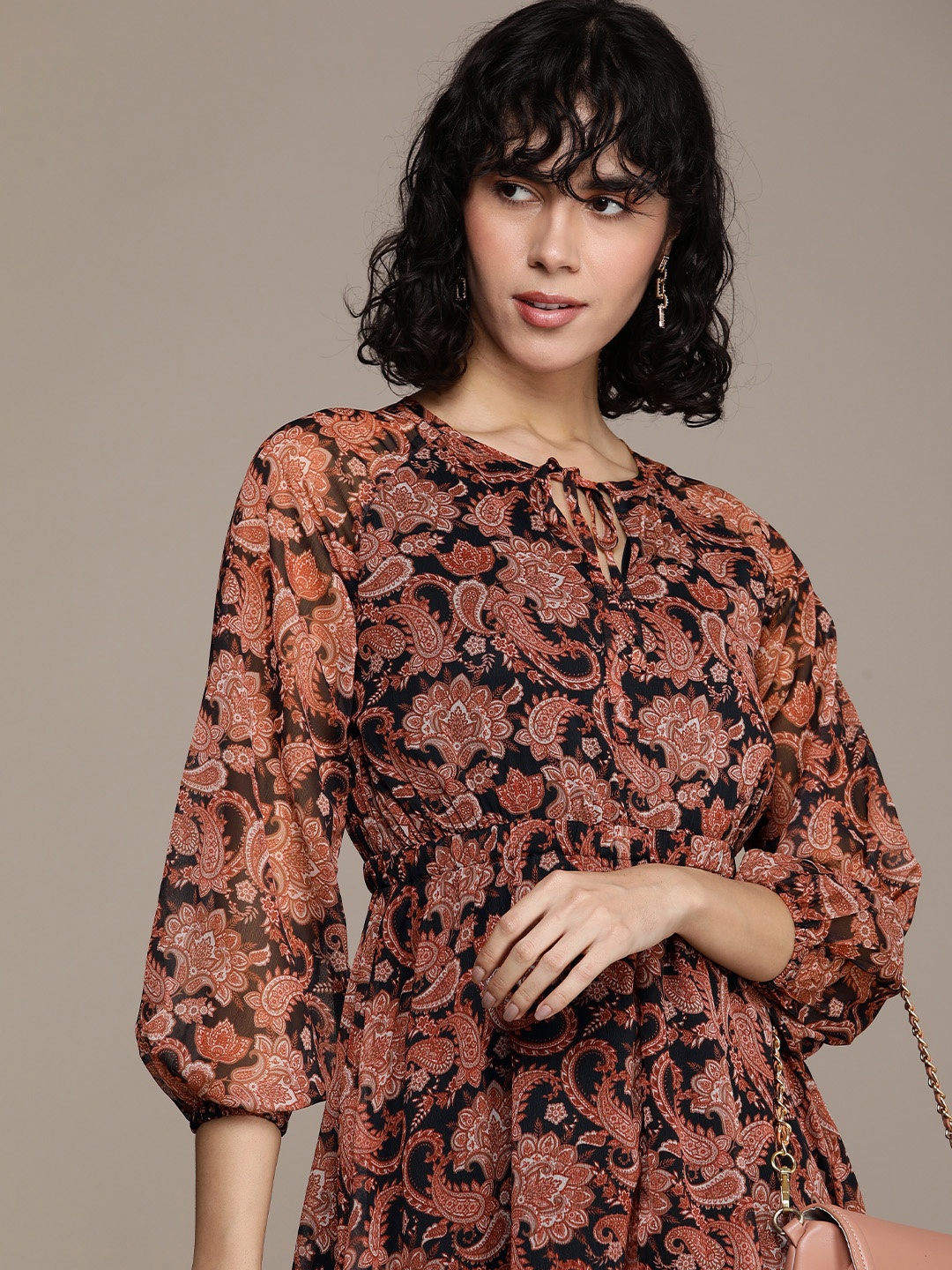 

French Connection Ethnic Motifs Print Keyhole Neck Fit & Flare Dress, Black