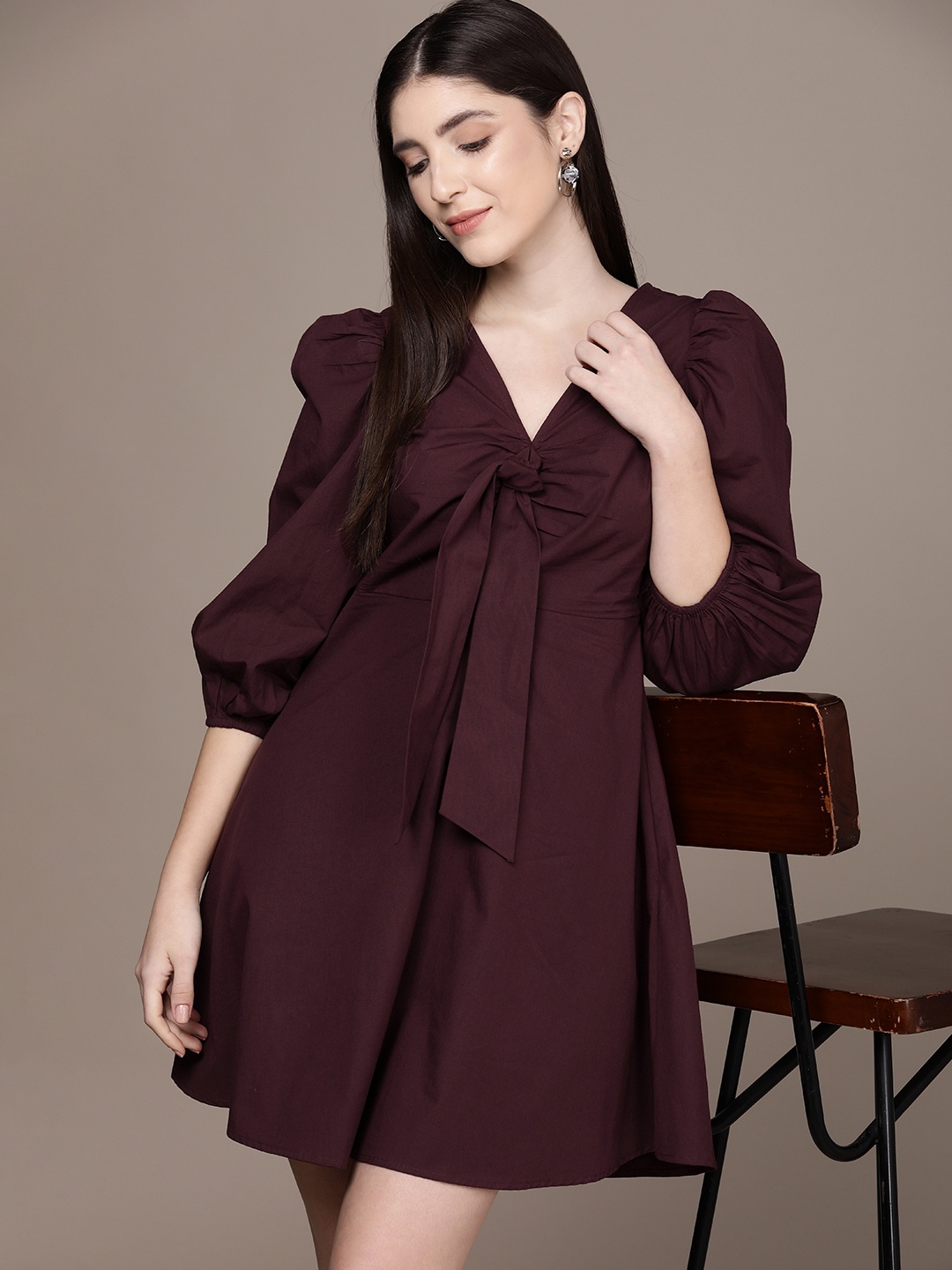 

French Connection V-Neck Puff Sleeves Pure Cotton A-Line Dress, Maroon