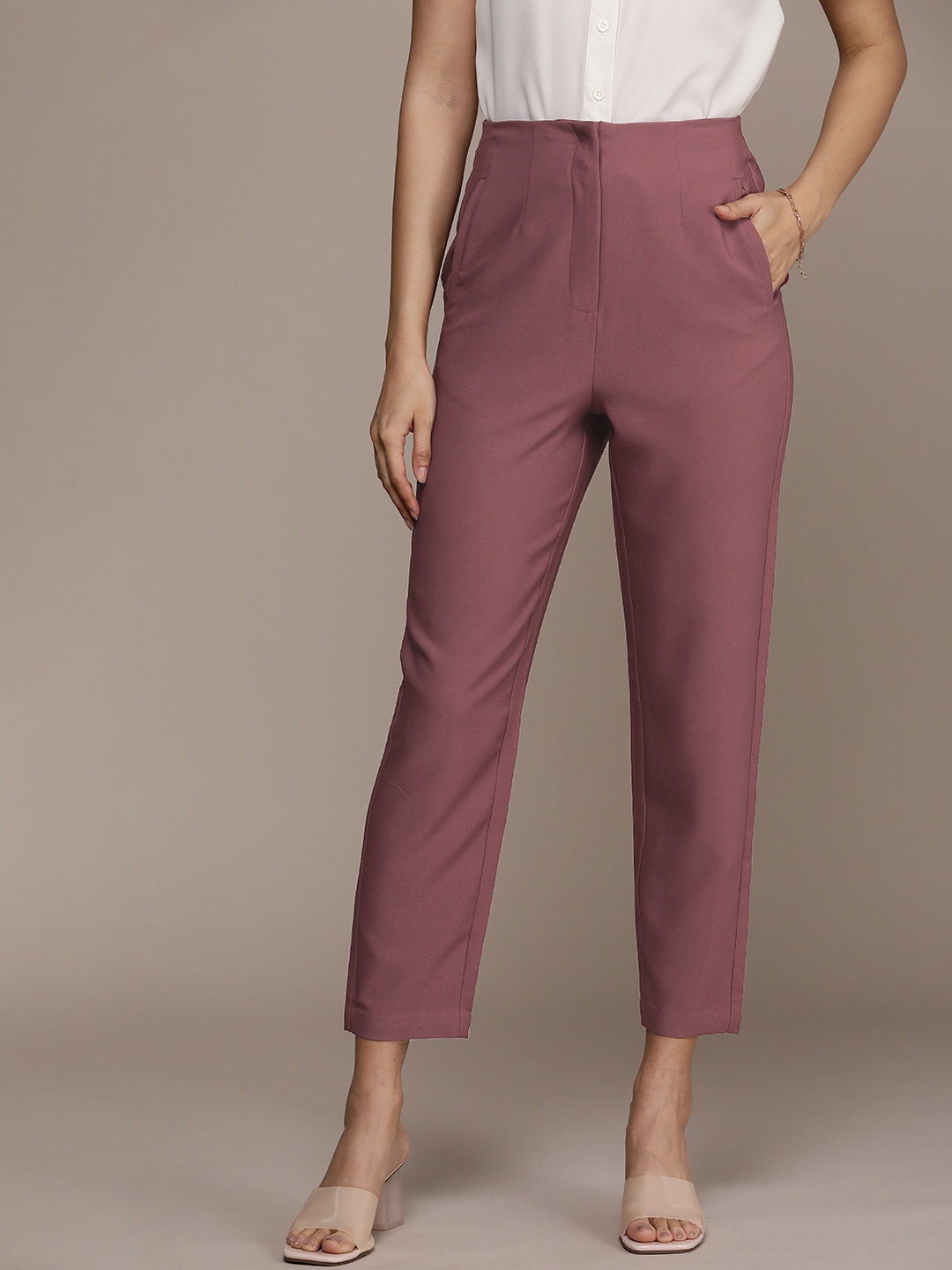 

French Connection Women Solid High-Rise Trousers, Mauve