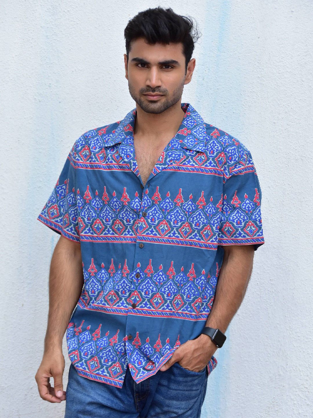 

Chidiyaa Original Ethnic Motif Printed Pure Cotton Casual Shirt, Blue