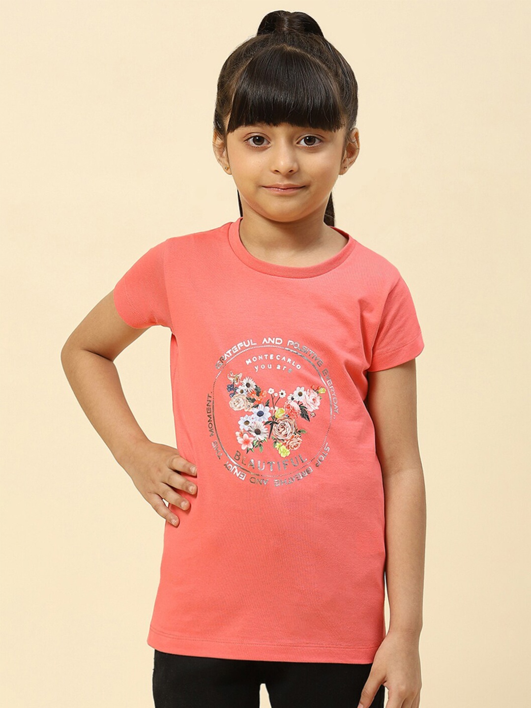 

Monte Carlo Floral Printed Casual T-shirt, Coral