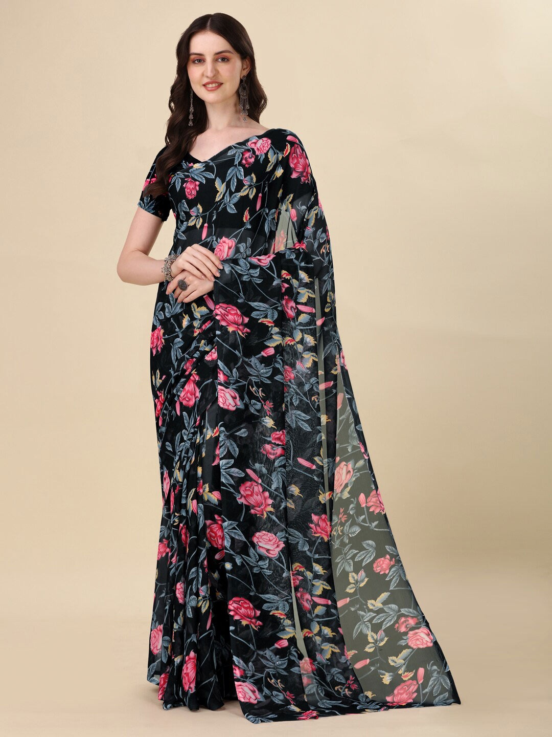 

Sangria Black & Pink Floral Printed Pure Georgette Saree