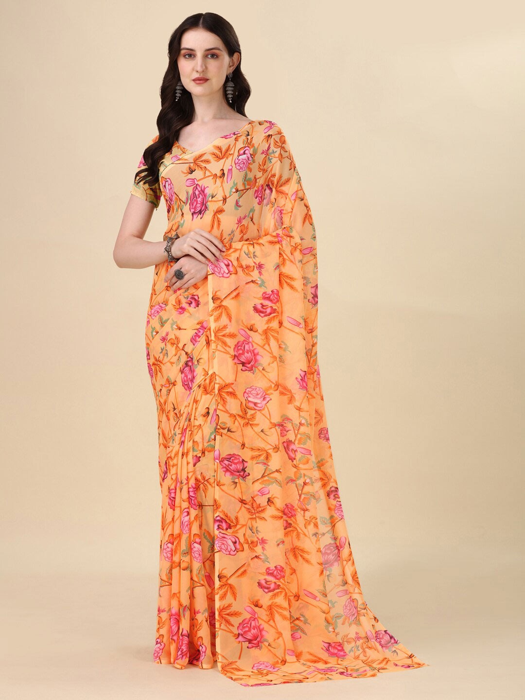 

Sangria Orange & Pink Floral Printed Pure Georgette Saree