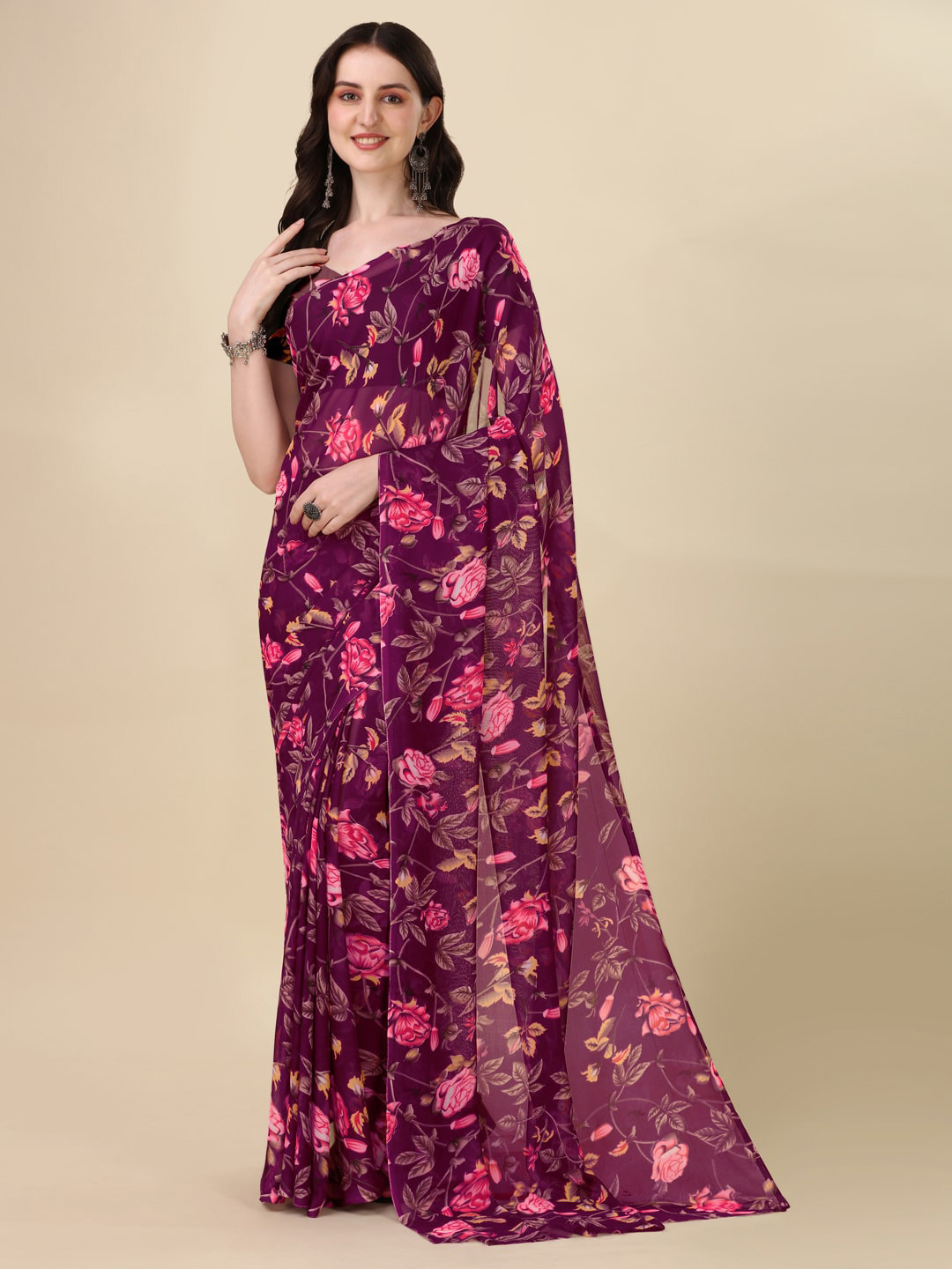 

Sangria Burgundy & Pink Floral Printed Pure Georgette Saree