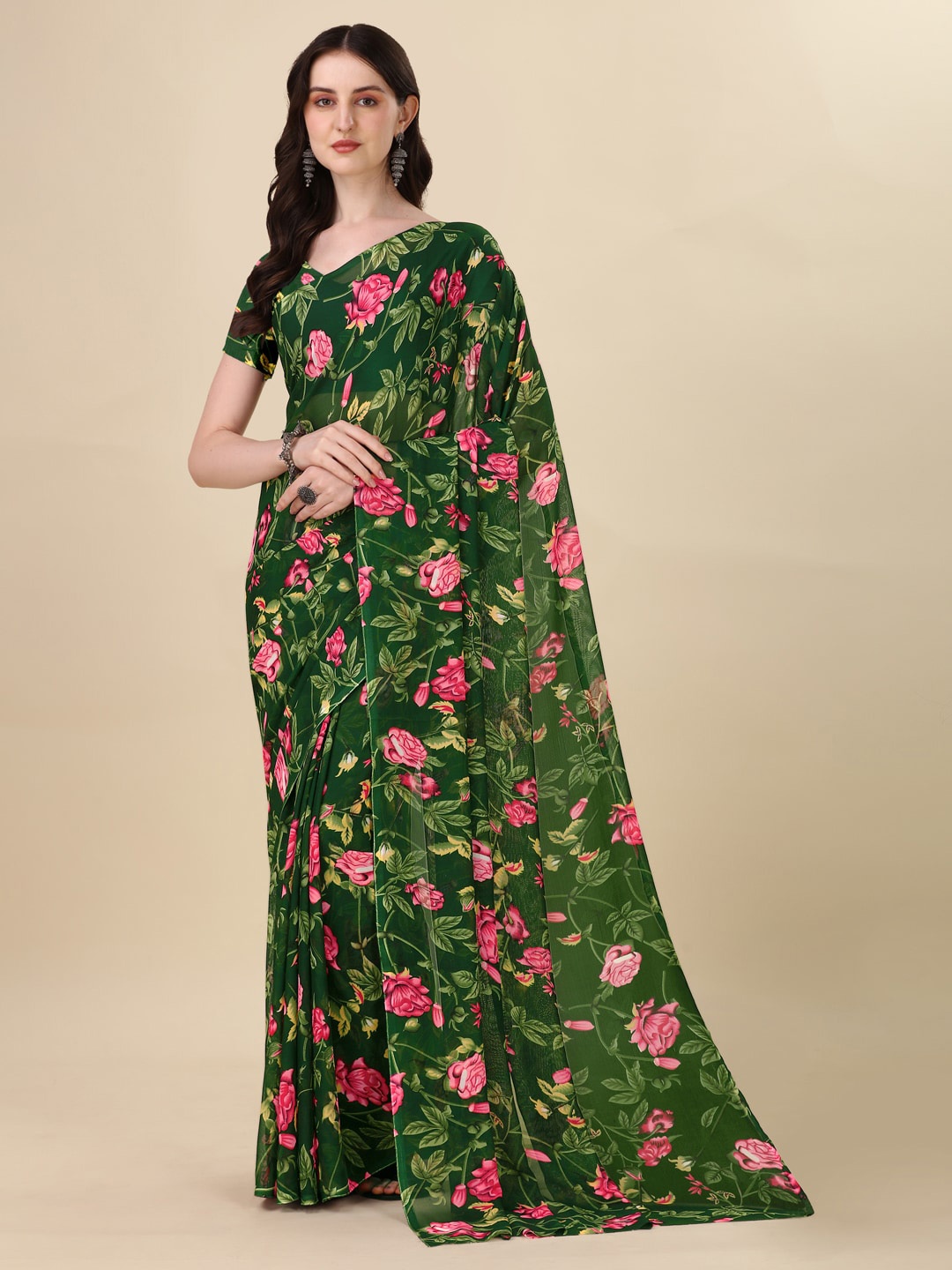 

Sangria Green Floral Printed Pure Georgette Saree
