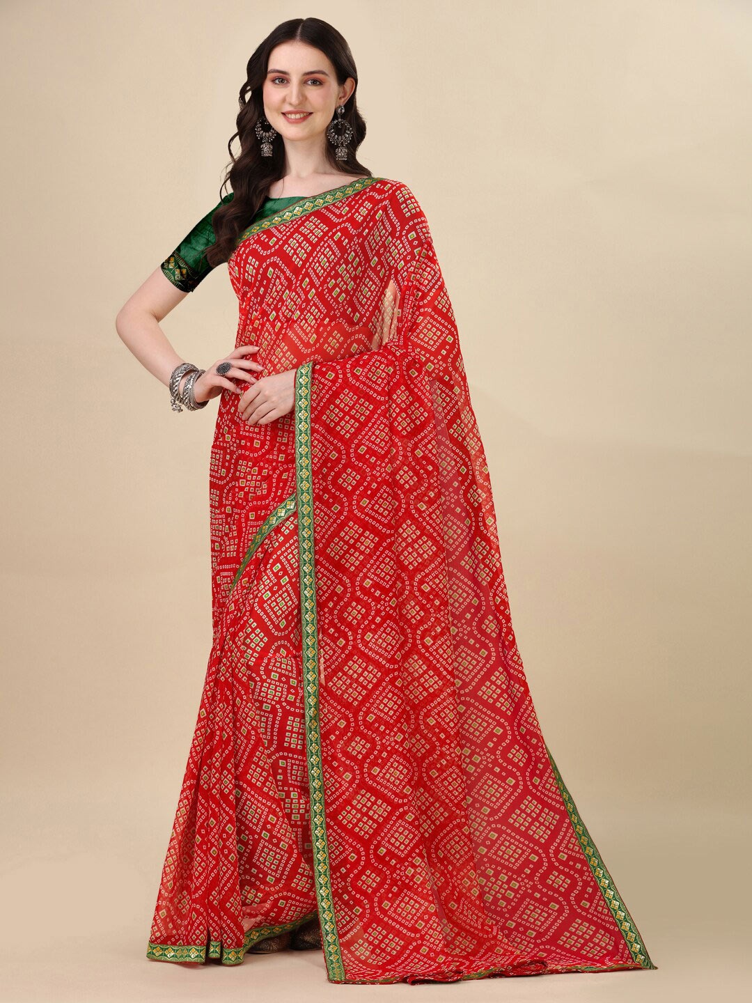 

Sangria Red & Off White Geometric Printed Pure Georgette Saree