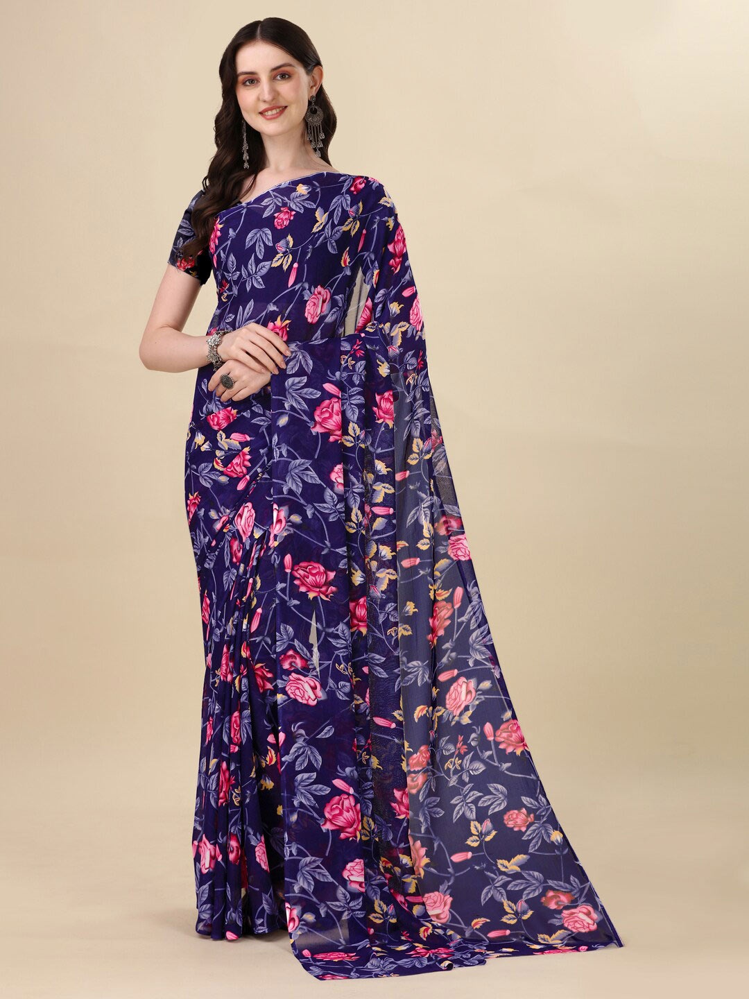 

Sangria Navy Blue & Pink Floral Printed Pure Georgette Saree