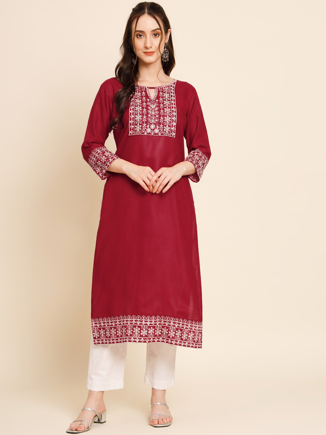 

VAIRAGEE Floral Yoke Design Thread Work Cotton Kurta, Red