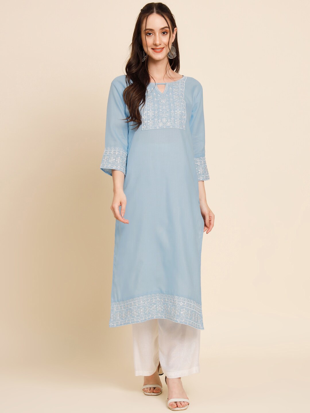 

VAIRAGEE Ethnic Motifs Embroidered Yoke Design Cotton Straight Kurta, Blue