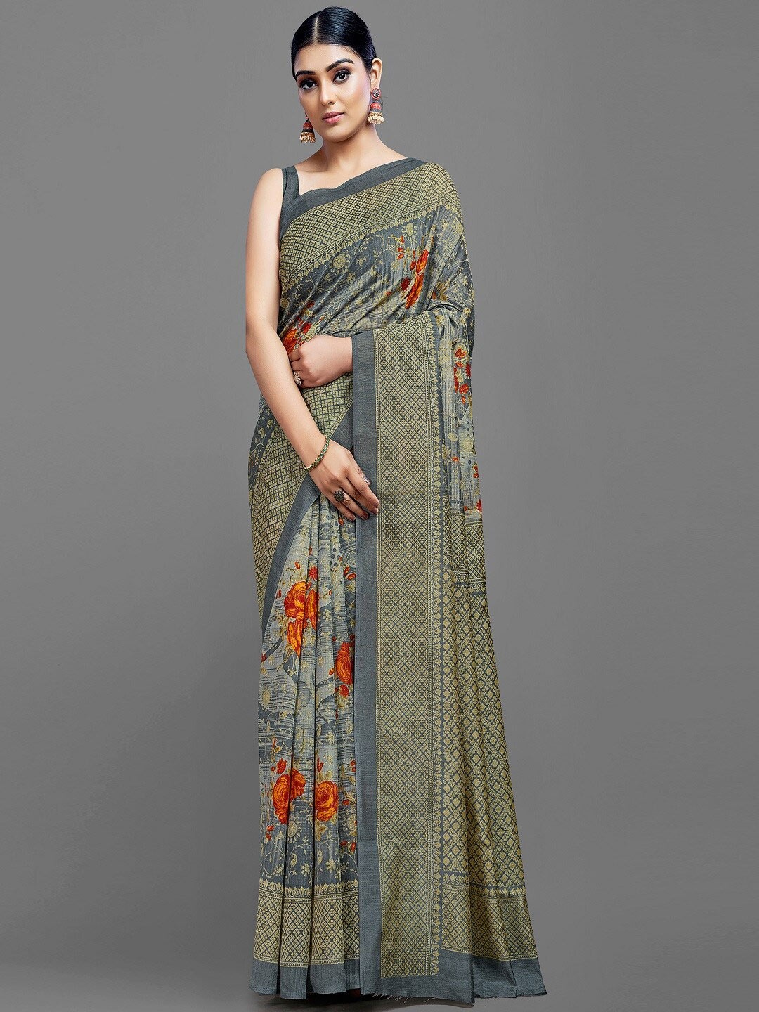 

KALINI Floral Printed Zari Saree, Grey