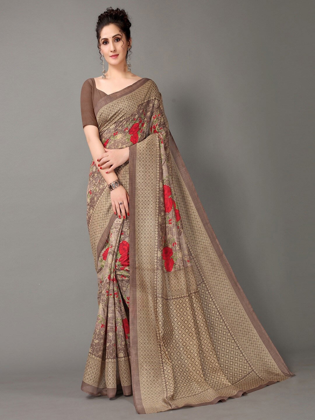 

KALINI Floral Printed Zari Saree, Brown