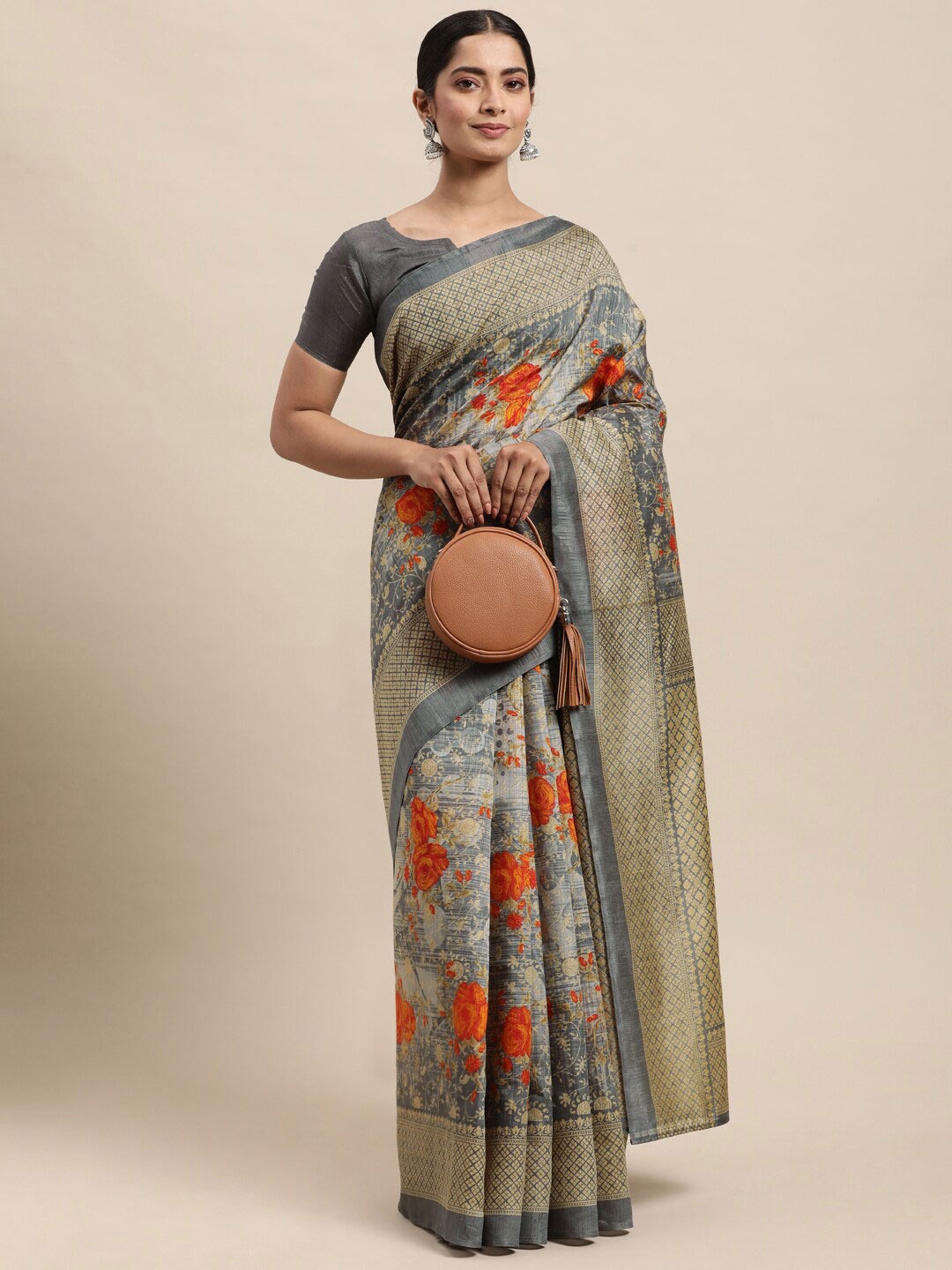 

KALINI Floral Printed Zari Saree, Grey