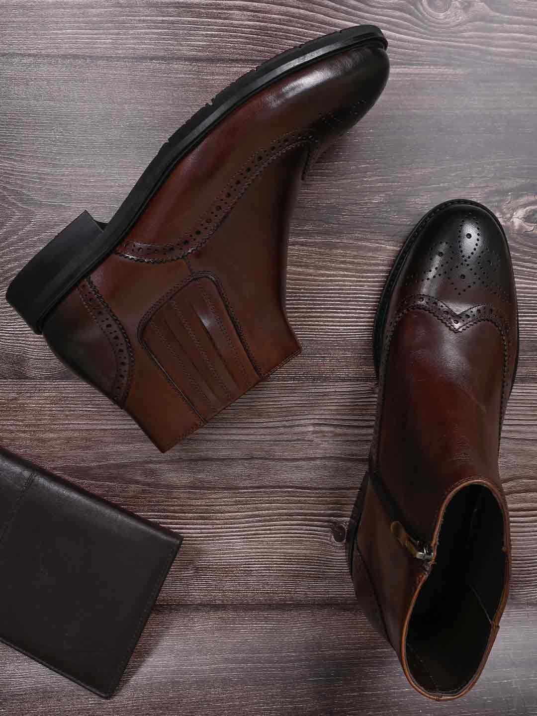 

Cobblerz Men Mid Top Textured Leather Formal Boots, Coffee brown