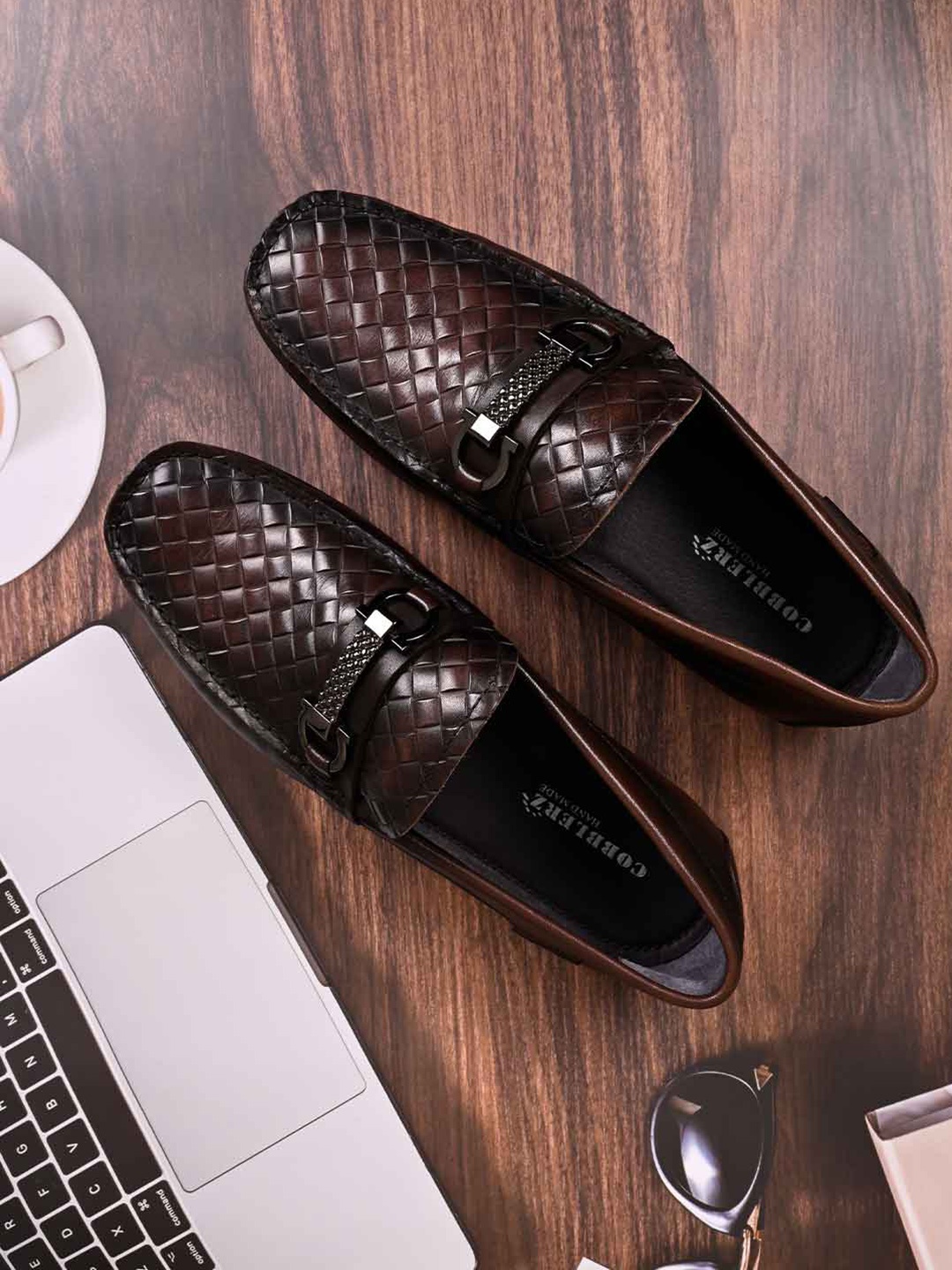 

Cobblerz Men Textured Leather Loafers, Coffee brown