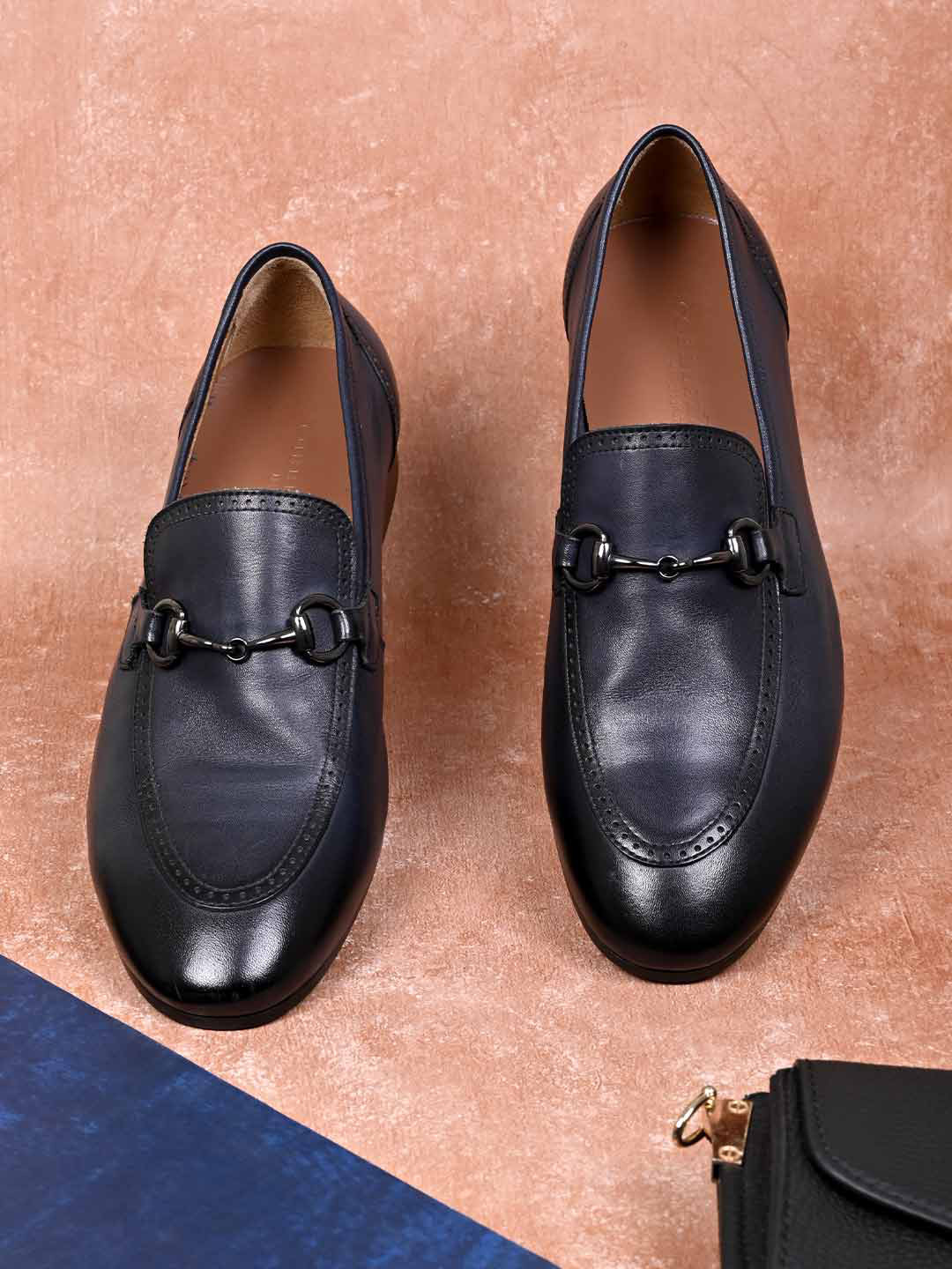 

Cobblerz Men Textured Leather Horsebit Loafers, Navy blue