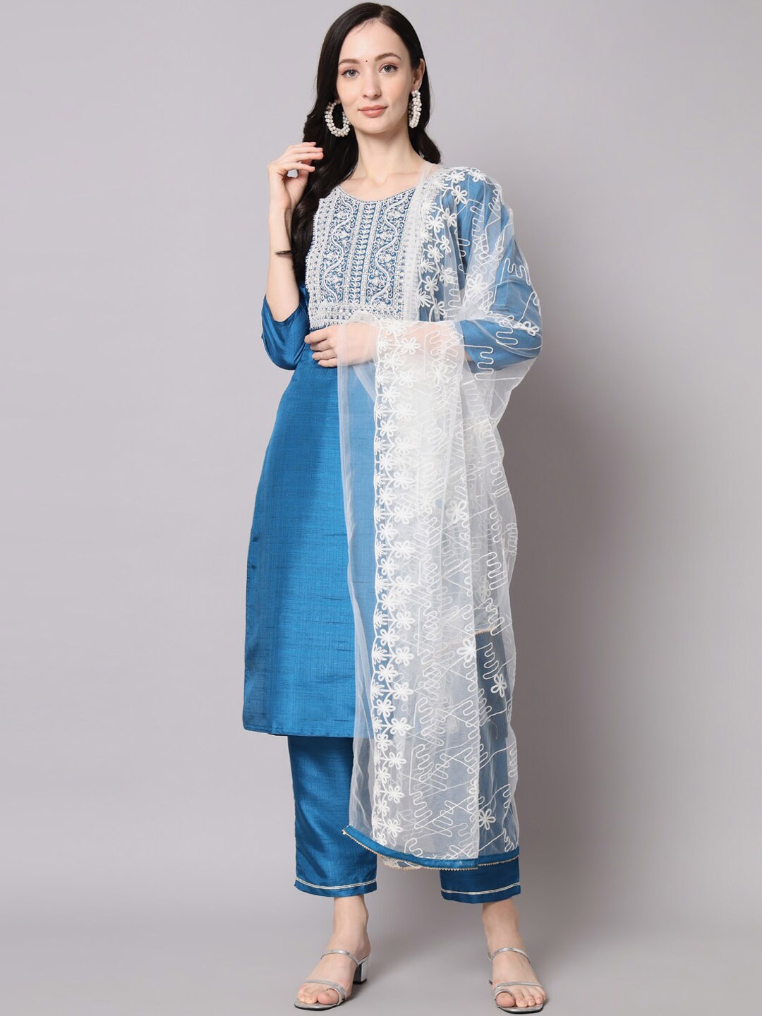 

KALINI Ethnic Motifs Embroidered Sequined Kurta with Trousers & Dupatta, Teal